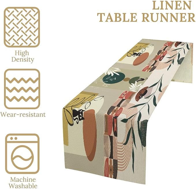 Mid Century Table Runner,Abstract Boho Plant Leaf Botanical Cat Modern Geometric Pattern Print Burlap for Hotel Indoors Outdoor Dining Room Kitchen Home Decor, 13x90in