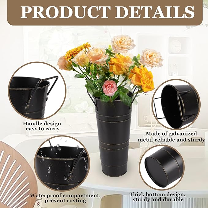 8pcs Small Galvanized Vase,Small Metal Vases Home Décor,Black Rustic Farmhouse Flower Vase,Rustic Vases for Centerpieces,Galvanized Metal Bucket with Handles (Black,10'' Height,Set of 8)