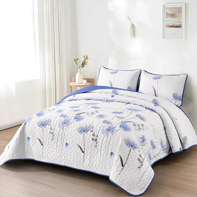 Dinjoy Quilt Set Full Size Blue, Floral Bedspreads 3 Pieces Reversible Quilts Bedding Set Microfiber Lightweight Bedspread Coverlet Farmhouse Set for Women Girls 78"x90"