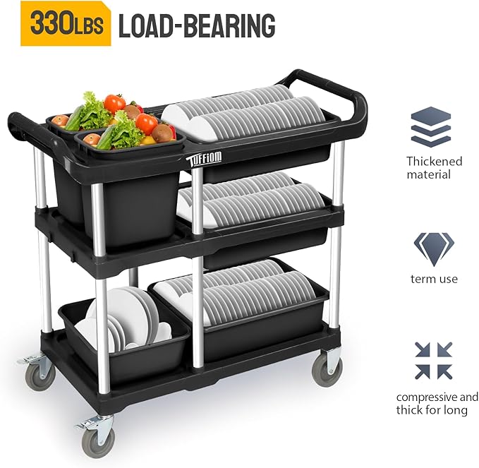 TUFFIOM 3-Tier Plastic Service Storage Utility Cart with Wheels, Heavy Duty Multi-Function Mobile Shelving Unit Organizer, Ideal for Restaurant, Foodservice, Office, Warehouse, Black