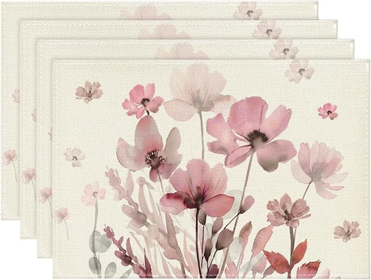 Artoid Mode Pink Florals Poppy Spring Placemats Set of 4, 12x18 Inch Seasonal Summer Holiday Table Mats for Party Kitchen Dining Decoration
