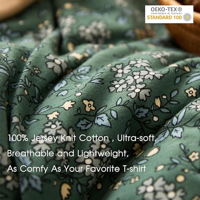EAVD Vintage Style Floral Duvet Cover Twin Soft Jersey Knit Cotton Chic Floral Bedding Set for Girls Women Reversible Green Floral Comforter Set with Zipper Closure 4 Ties
