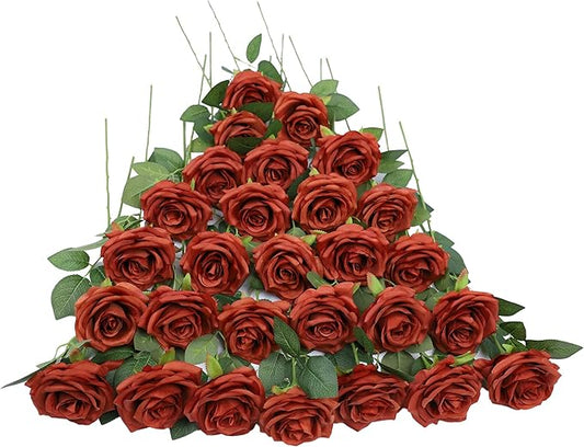 Artificial Rose Flowers Burnt Orange Rose Flowers Silk Flowers 30 pcs with Long Stem Silk Roses Bouquet for Wedding Bridal Shower Party Home Decoration