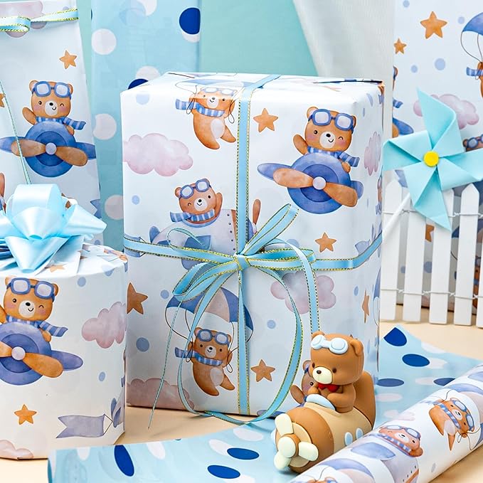 Homeral Baby Shower Wrapping Paper Roll - Adorable Blue Pilot Bear Design, Reversible Gift Wrap for Boys Birthday, Gender Reveal - Stars, Dots, Airplane and Parachute - 17 Inch x 16.5 Feet