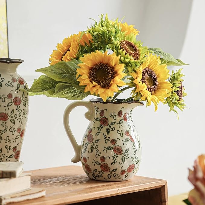 Vintage Ceramic Vase - 8.2 Inch Hand-Painted Roses with Ice Crackle Glaze Finish, American Farmhouse Style Pitcher Vase for Home Decor, Centerpiece, Shelf, Table, Office, Rustic Wedding Gift
