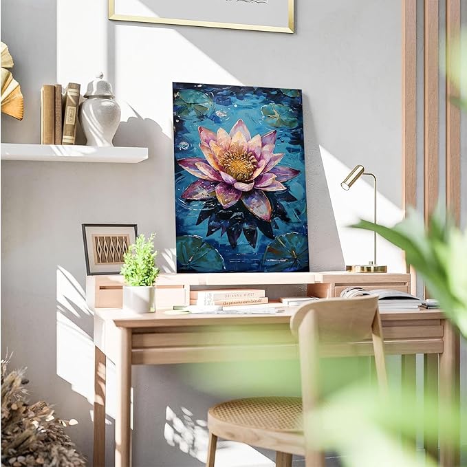 Gorgeous pink and purple water lilies on deep blue water Eye-catching oil painting Serene aquatic wall art for modern home decor 20x30in Wood Framed