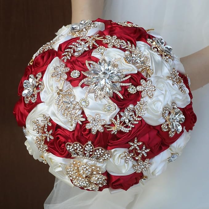 Handmade Satin Rose Floral Bling Pearl Decor Bridal Wedding Bouquet Rhinestone Pendant Artificial Brooch Flowers for Bride Bridesmaid Quinceanera
