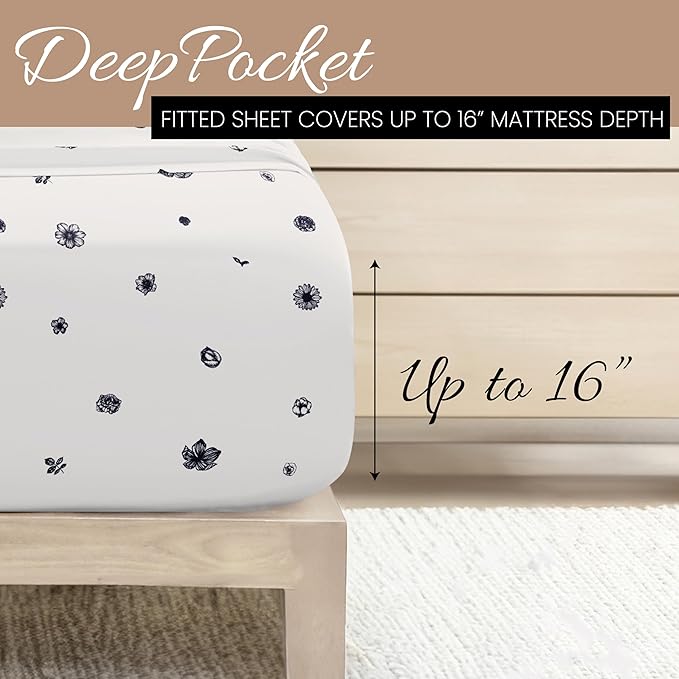 Linen Market Double-Brushed Patterned Microfiber Queen Sheet Set 4 Piece – Oeko-TEX Certified Ultra Soft & Wrinkle-Free - 16" Deep Pocket Sheets - Easy Care Queen Size - Indigo Flowers Navy