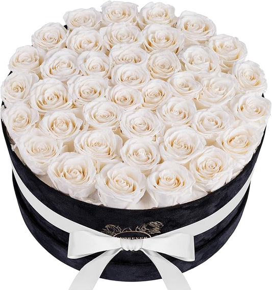 40 Pieces Preserved Roses in Suede Box, Flowers for Mothers Day, Preserved Flowers Gift for Women, White