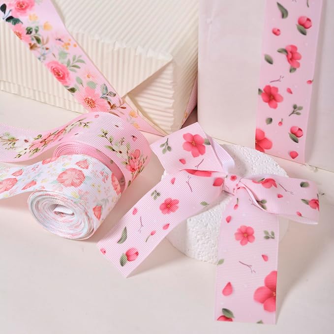 Floral Grosgrain Ribbon, 5 Rolls Flower Pattern Ribbon Spring Summer Fabric Decorative Craft Ribbon Roll for Gift Wrapping Decor Hair Bow Sewing Wreath Crafts (Pink Floral, 1-1/2Inch X 20Yards)