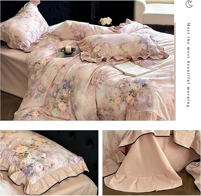 HighBuy Ruffle Floral Bedding Duvet Cover King,Durable Brushed Cotton Breathable Cottagecore Bedding Set for Women Girls,1 King 104"x90" Duvet Cover and 2 Ruffle Pillowcases