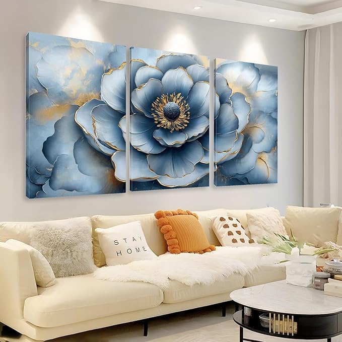 Kewhush Blue Wild Rose Canvas Wall Art, Floral Canvas Prints, Flower Blooming Set of 3 Pictures, Rose Wall Decor, Gold Accent Decor, Modern Artwork for Living Room, Bedroom (12" x 18" x 3 pcs)