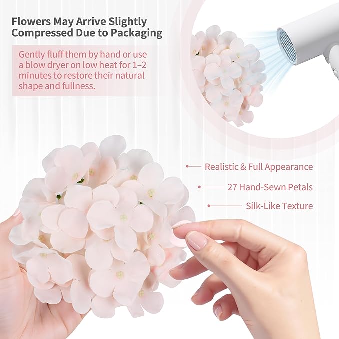 64PCS Artificial Hydrangea Flowers with Stems, Silk Hydrangea Heads with LED Decorative Lights, Crystal Strings & Butterfly Accents for Wedding Centerpieces and Home Decor(64, Pink)