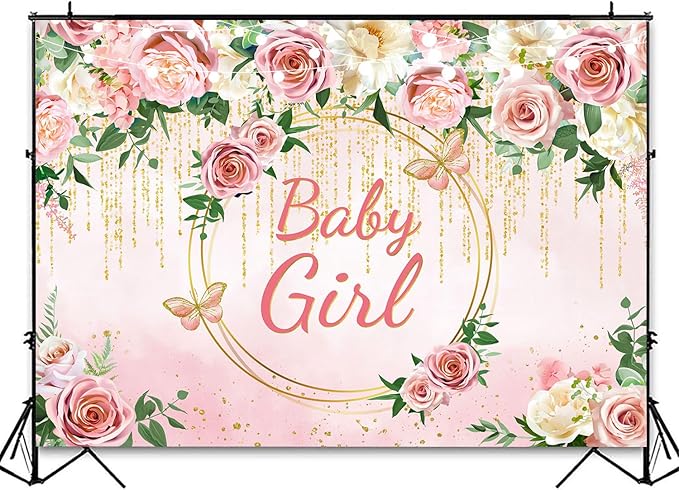 InMemory Pink Rose Baby Girl Baby Shower Backdrop Banner Decorations for Girl,Pink Gold Flower It's a Girl Banner Photography Background for Sweet Girls Baby Shower Party Decor Photoshoot Props 10x7ft
