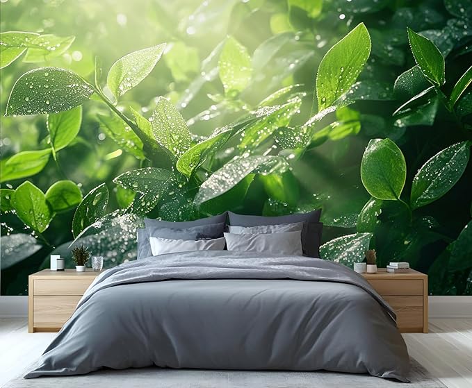 Dewdrops Green Leaf Wall Mural, Botanical Forest Sunlight 3D Wall Murals, Refreshing Nature Wallpaper Mural, for Living Room Bedroom Large Wallpaper Indoor Decor 78.7" W x55.1 H