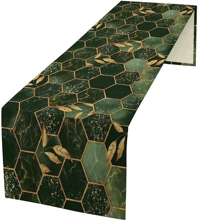 Hunter Green Marble Table Runner Abstract Dark Emerald Green Marble Hexagon Texture Golden Leaves Dinner Runner Table Decoration for Home Kitchen Dining Holiday Party 13x70in