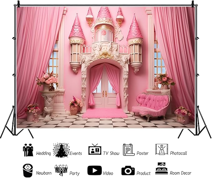 20x10ft Pink Princess Castle Backdrop Curtain Window Door Room Interior Background for Photography Sofa Flowers Vases Banner Decorations Girl Kids Birthday Baby Shower Party Photo Booth Props
