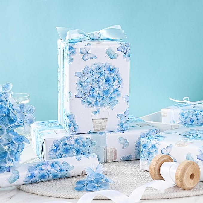 LeZakaa Blue Hydrangea Wrapping Paper Roll for Girls Kids, Hydrangea Flowers & Watercolor Butterfly Party Gift Wrap for Wedding, Baby Shower, Mother's Day, Birthday, Mini Roll, 17 inches x 16.4 Feet