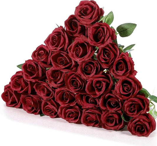 Hotop 20 Pcs Artificial Rose Flowers with Long Stem,Real Touch Silk Realistic Plastic Bouquet Roses Bulk for Home Decor Bridal Wedding Party Table Centerpieces Decorations(Wine Red)