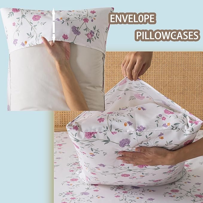 Zusbest King Sheets, Soft 100% Cotton Pink & Off White Floral Bed Sheets,Shabby Vintage Chic Purple Flower Printed Sheets,Breathable Home Decor, Garden Style 4 Piece Deep Pocket 17.5‘’（Rosy）