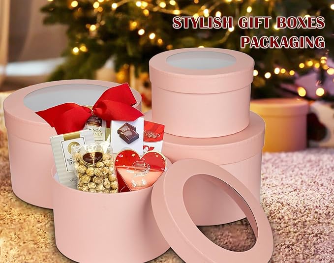 Flower Boxes for Arrangements Nesting Round Gift Boxes with Clear Lids Pink Round Boxes for Flowers Set of 4 Assorted Sizes Flower Boxes for Flower Arrangements, Valentine's Day, Mother's Day,