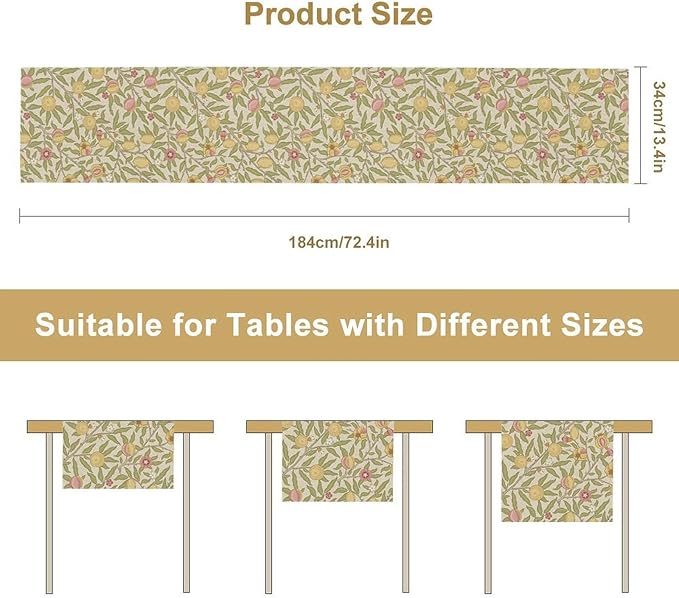 Vintage William Morris Table Runner, Yellow Lemon Fruit Peach Plant Boho Farmhouse Decor Table Runner for Kitchen Dining Home Party, 13x90 Inch
