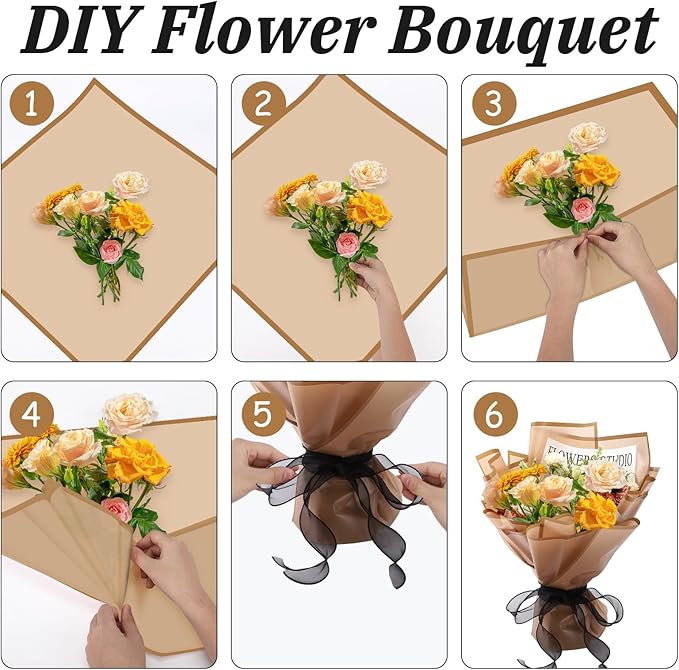 Rumvan Flower Wrapping Paper, 20 Sheets, Waterproof, Floral Bouquet Design, for Wedding, Birthday Gift, DIY Florist Supplies (coffee colour)