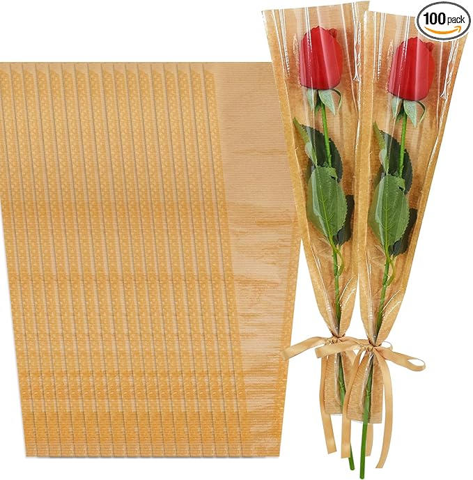 BEISHIDA 100 Pcs Single Rose Sleeve Bouquet Bags Kraft Paper Flower Bouquet Wrapping Paper Clear Single Flower Sleeve Rose Packaging For Mother's Day,Graduation,Wedding,Valentine's Day(15.7 X 4.7)