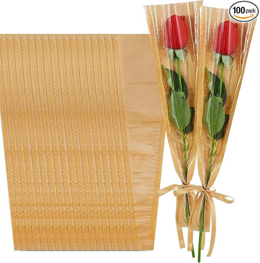 BEISHIDA 100 Pcs Single Rose Sleeve Bouquet Bags Kraft Paper Flower Bouquet Wrapping Paper Clear Single Flower Sleeve Rose Packaging For Mother's Day,Graduation,Wedding,Valentine's Day(15.7 X 4.7)