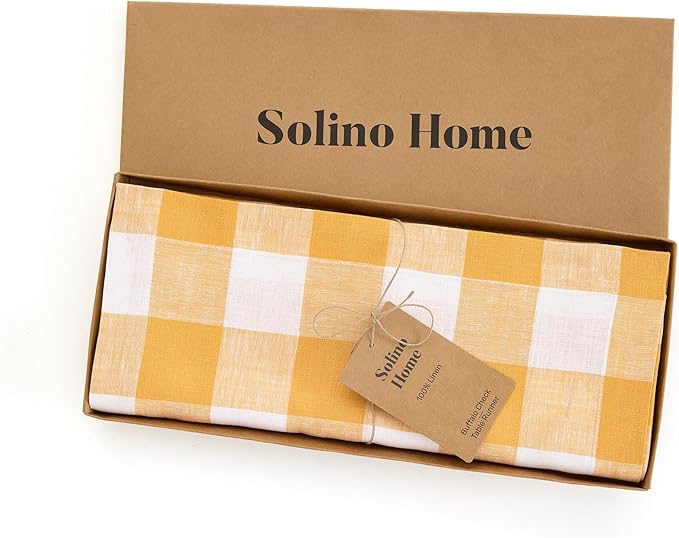 Solino Home Linen Checkered Table Runner 108 Inches Long - 100% Pure Linen Mustard and White Buffalo Check Table Runner 14 x 108 Inch Ideal for Dining, Spring, Easter