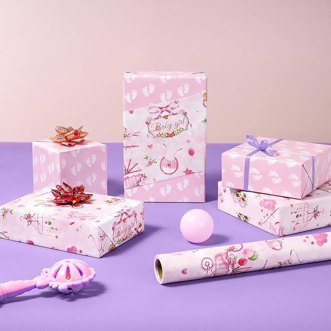 WERNNSAI Baby Girl Wrapping Paper Roll - 1 Roll 17” x16.4 ft Baby Shower Wrapping Paper for Birthday Party Pink Girl Gift Packing Supply Baby Shower Design Reversible Footprint Print