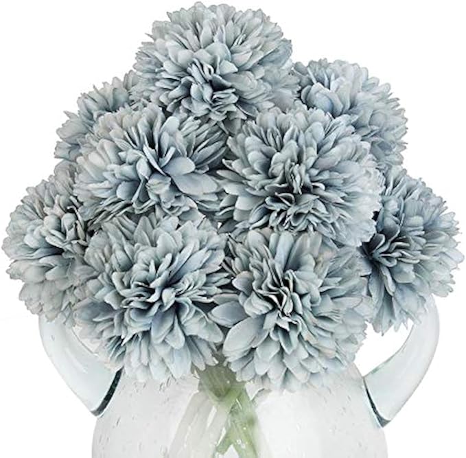 10Pcs Artificial Fake Flower Plants Silk Chrysanthemum Ball Hydrangea Arrangements Wedding Bouquets Decor Home Kitchen Garden Party Table Floral Centerpieces DIY (Grey Blue)
