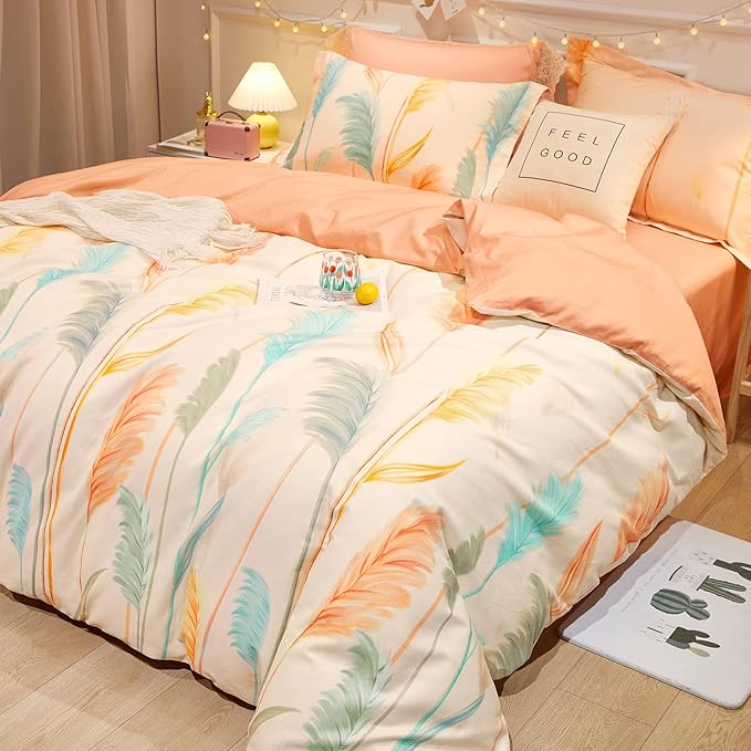 SAPHREAS Plant Reeds Beige Duvet Cover Set Twin Size Cotton 3 Piece Bedding Comforter Duvet Cover Set 1 Duvet Cover 2 Pillow Shams