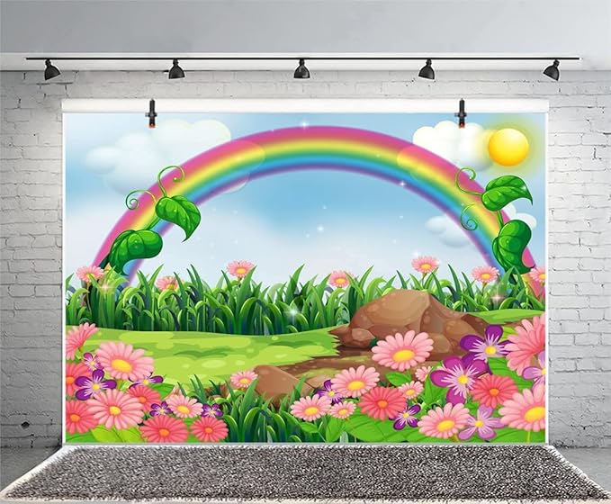 AOFOTO 5x4ft Cartoon Spring Flowers Rainbow Backdrop Meadow Sweet Floral Blossom Sky Sun Enchanting Garden Scenery Background for Kids Baby Shower Birthday Party Decor Wallpaper Photoshoot Props