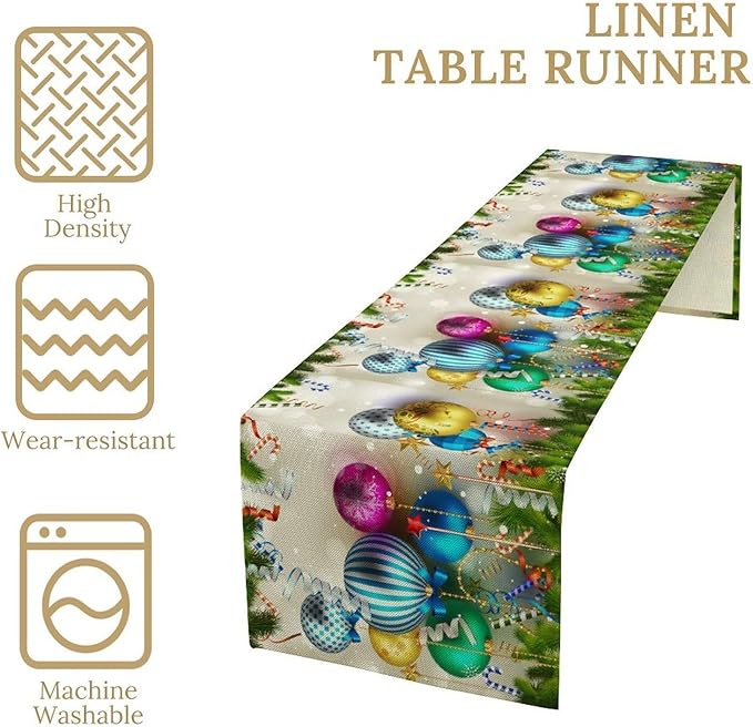 Christmas Table Runner,Colorful Balls Xmas Tree Snowflake Pattern Print Tablecloth Burlap for Hotel Indoors Outdoor Dining Room Kitchen Home Decor,W13X L90 in