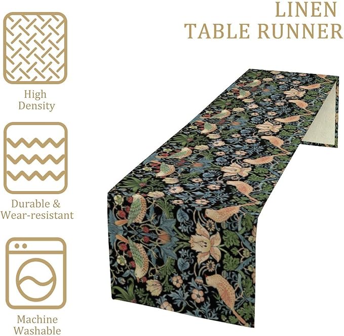 Vintage William Morris Floral Table Runner, Flowers Blue Botanical Printed Table Runner for Home Kitchen Dining Table Decoration,13x60 Inch