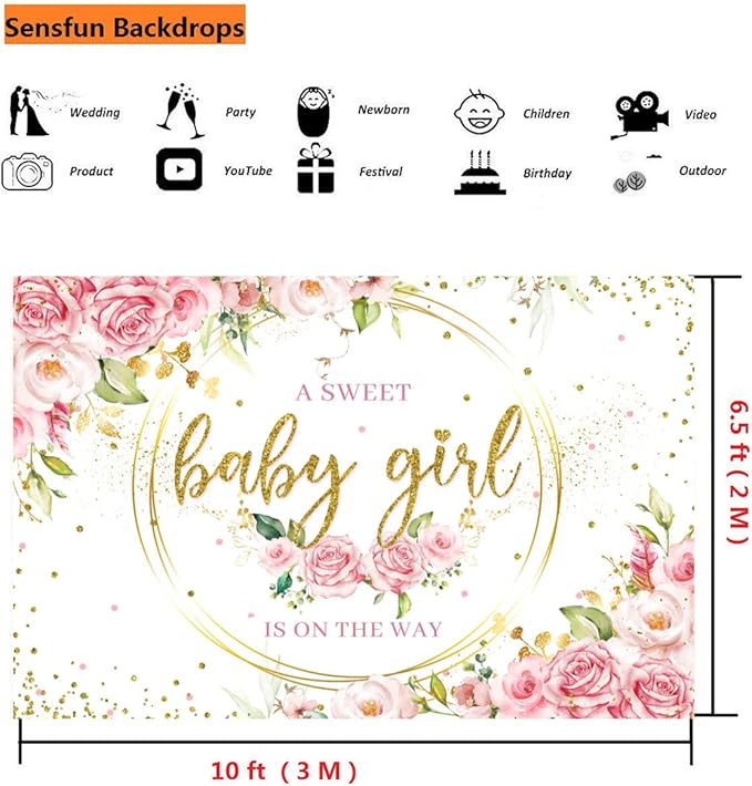 Sensfun Glitter Gold Baby Girl Backdrop Pink Floral Baby Photography Background Watercolor Flower Sweet Baby Girls Party Decorations Banner Photo Booth Supplies 10x6.5ft