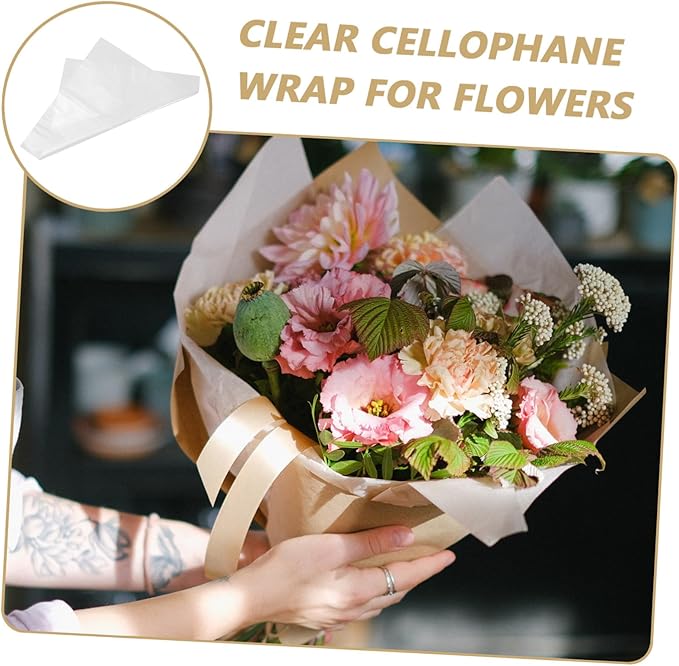 SHERCHPRY 100pcs Transparent Cellophane Wrapping Paper for Floral Bouquets Clear Wrap Easy to Trim DIY Flower Arrangement Film for Presentation and Craft Use