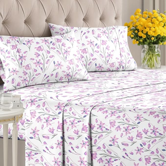 Floral Sheets - Pink Floral Bed Sheet Set - 1 Flat & 1 Fitted & 2 Pillowcases w/ Deep Pockets - Comfy, Wrinkle & Fade Free - Boho Botanical Bedding - Ultra-Soft, Breathable & Cooling - Queen Size Set