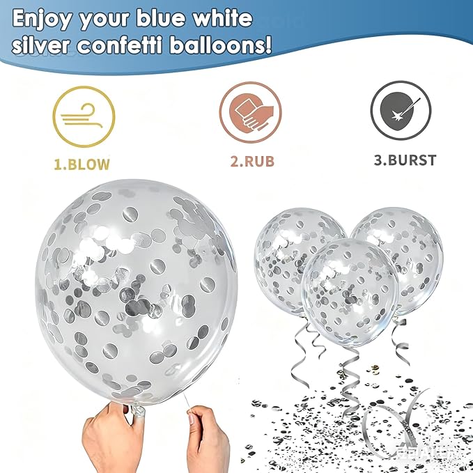Blue White Silver Confetti Balloons, 50pcs 12 Inch Metallic Blue and Silver Balloons Clear White Confetti Latex Balloons for Birthday Wedding Anniversary Gender Revea Bridal Shower Party Decorations