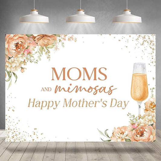 Happy Mother's Day Backdrop Moms and Mimosas Champagne Glass Blush Pink Floral Photography Background Mother's Day Brunch Party Decoration Supplies Banner Photo Booth Studio Props 7x5ft