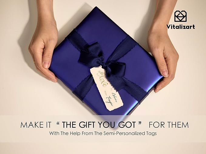 Vitalizart Blue Matte Metallic Wrapping Paper Set 17" With Silk Satin Ribbon & Gift Tags Christmas Gift Wrapping Birthday Baby Shower Wedding Bouquets Handmade Crafts 197"(16.4 Ft) Blue Ribbon