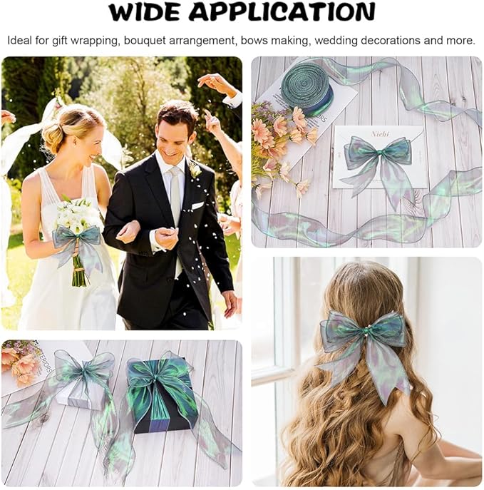 Iridescent Green Sheer Chiffon Ribbon – 2.4" Wide x 40 Yards – Perfect for Christmas Gift Wrapping, Floral Bouquets, Wedding Decor & DIY Crafts