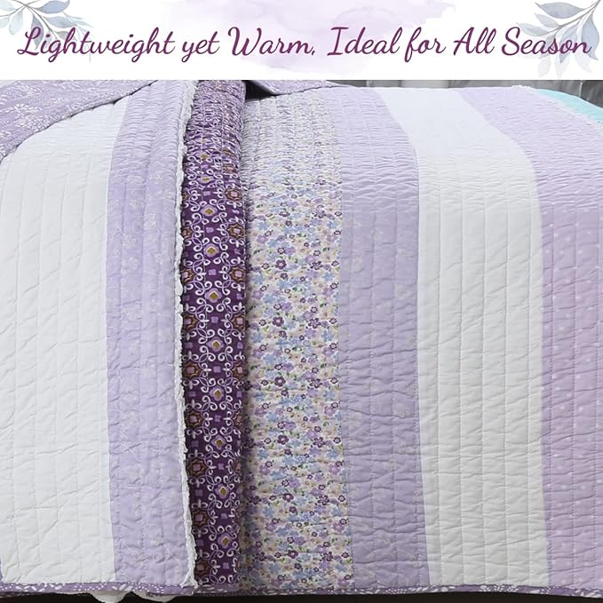 Cozy Line Home Fashions Purple Baby Blue Floral Striped Ruffle Girl 100% Cotton Reversible Quilt Bedding Set, All-Season Coverlet Bedspread (Lilac Flower, Twin-2 Piece)