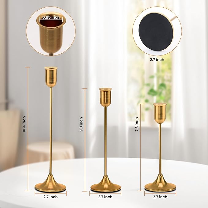 6 Pcs Brass Gold Candle Holders Set, Candelabra Tall Candle Stand, Metal Taper Candlestick Holders for Dining, Table Centerpieces & Vintage Home Decor– Housewarming Gift, Mantel Decor