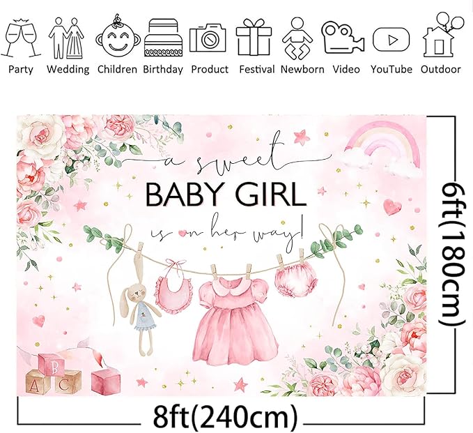 Mocsicka Sweet Baby Girl Princess Pink Greenery Party Decoration for Girl's Baby Shower Photo Booth (Pink, 8x6ft)