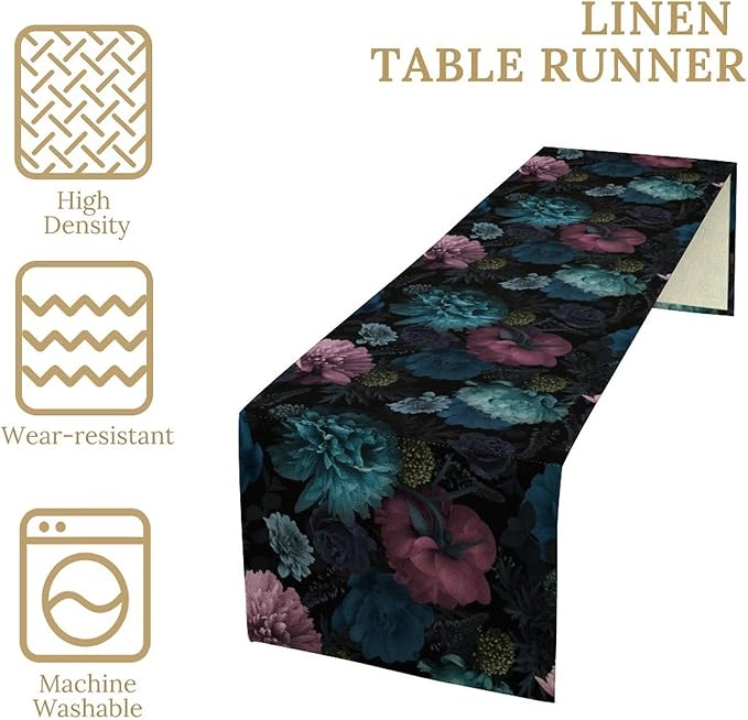Blue Pink Flowers Table Runner, Boho Rose Flower Blossom Rustic Vintage Garden Peonies Spring Table Runner for Home Kitchen Dining Table Indoor Outdoor Party, 13x60inch