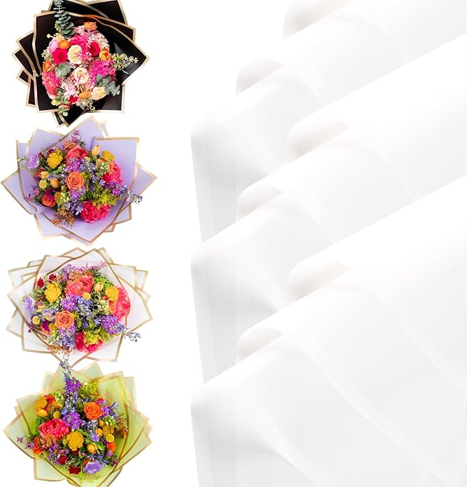 the florist Supply 20 Sheets Premium Flower Wrapping Paper | Waterproof Flower Wrapping Paper for Bouquets | Double Sided Floral Bouquet Sheets | DIY Gifts Borderline Frosted White/White