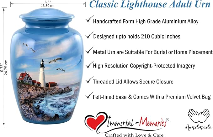 Lighthouse Urn - Full Size Portland Head Lighthouse Cremation Urn – Adult Urns for Men and Women – Ocean Blue Funeral and Memorial Urns for Human Ashes Upto 210 Lbs with Velvet Bag (Large)
