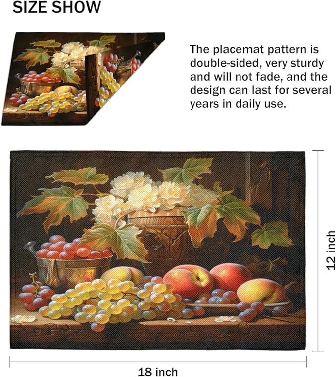 Grape Placemats, Place Mats Set of 4, Heat Resistant Place Mats, Washable Table Mats for Dining Table, Non-Slip Stain Resistant Kitchen Table Placemats, Floral Vintage Fruit Rustic